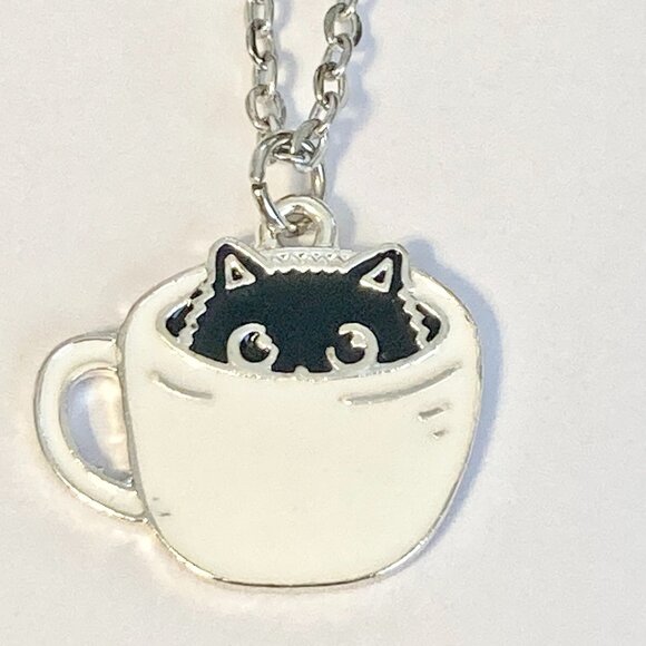 Black Cat Charm Pendant Necklace 18" Chain Enamel Coffee Cup Halloween Cat Lady - Picture 2 of 7
